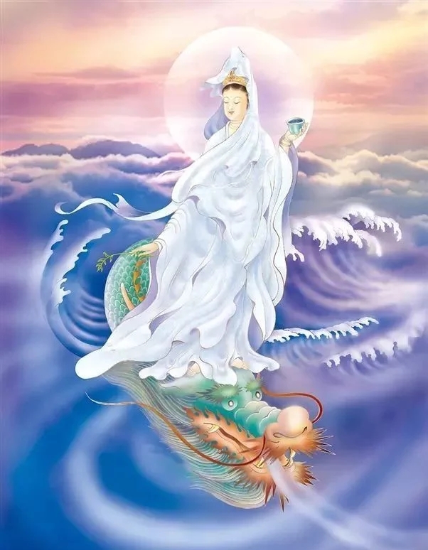 脚踏龙头怪物的观音菩萨法力无边 – 龙头观音